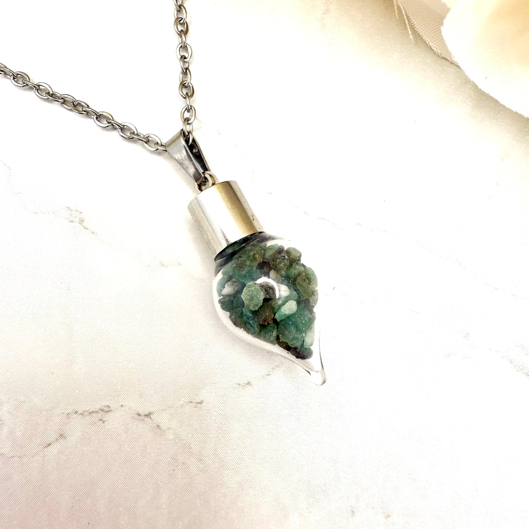 Luxury 55th Anniversary Pendant – Glass Drop with Natural Raw Emerald Fragments | Elegant Gift for Her-Pendant & Earrings-Handmadeanniversary-Handmade Anniversary