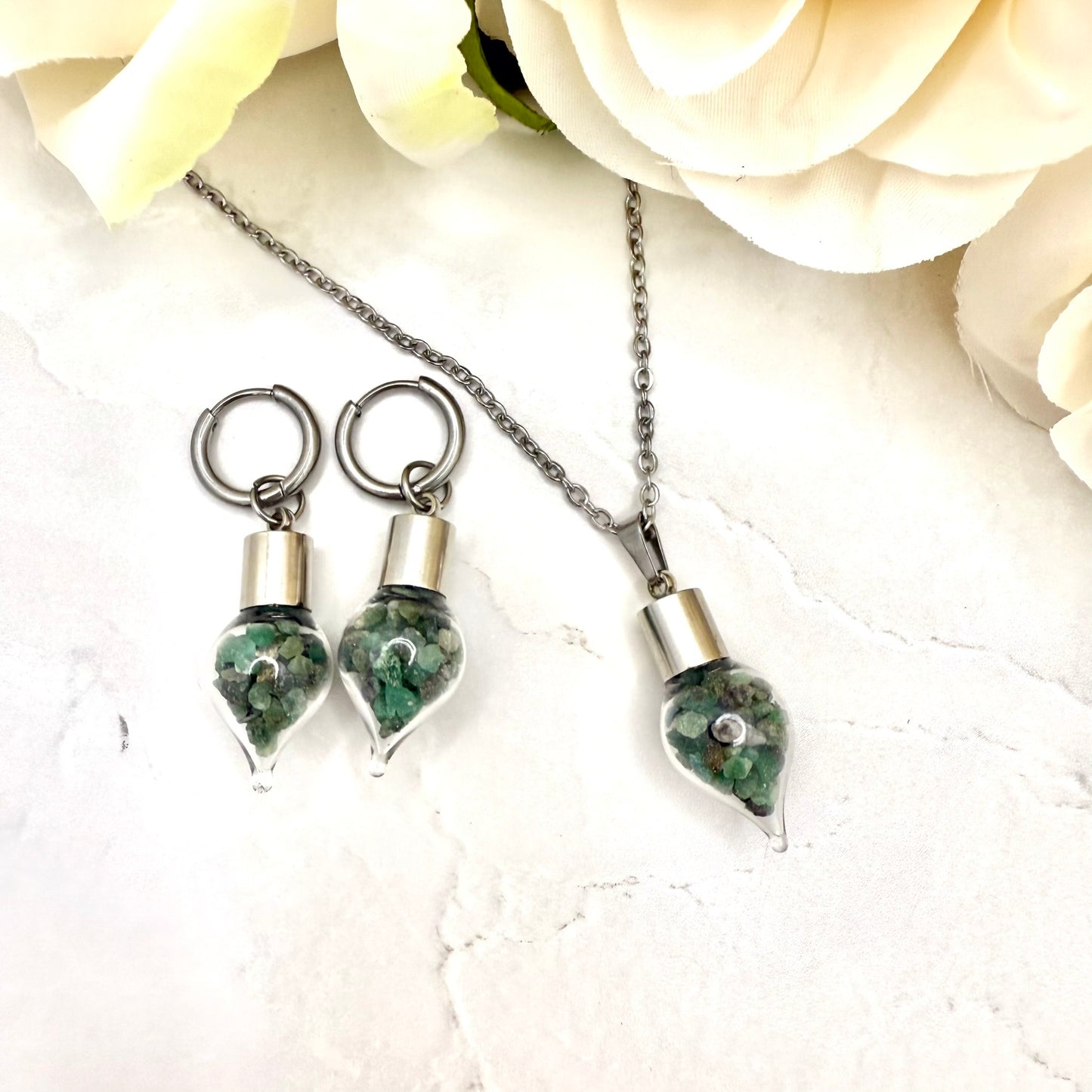 Luxury 55th Anniversary Pendant – Glass Drop with Natural Raw Emerald Fragments | Elegant Gift for Her-Pendant & Earrings-Handmadeanniversary-Add Huggie Earrings-Handmade Anniversary