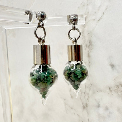 Luxury 55th Anniversary Stud Drop Earrings – Glass Drops with Natural Raw Emerald Fragments | Elegant Emerald Gift for Her-Pendant & Earrings-Handmadeanniversary-Handmade Anniversary