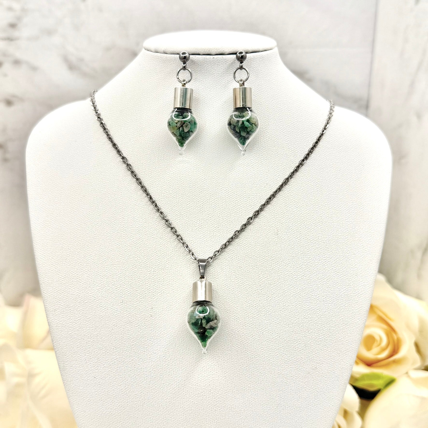 Luxury 55th Anniversary Stud Drop Earrings – Glass Drops with Natural Raw Emerald Fragments | Elegant Emerald Gift for Her-Pendant & Earrings-Handmadeanniversary-Add Pendant-Handmade Anniversary