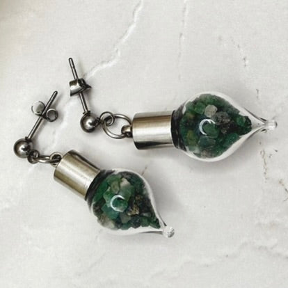 Luxury 55th Anniversary Stud Drop Earrings – Glass Drops with Natural Raw Emerald Fragments | Elegant Emerald Gift for Her-Pendant & Earrings-Handmadeanniversary-Handmade Anniversary