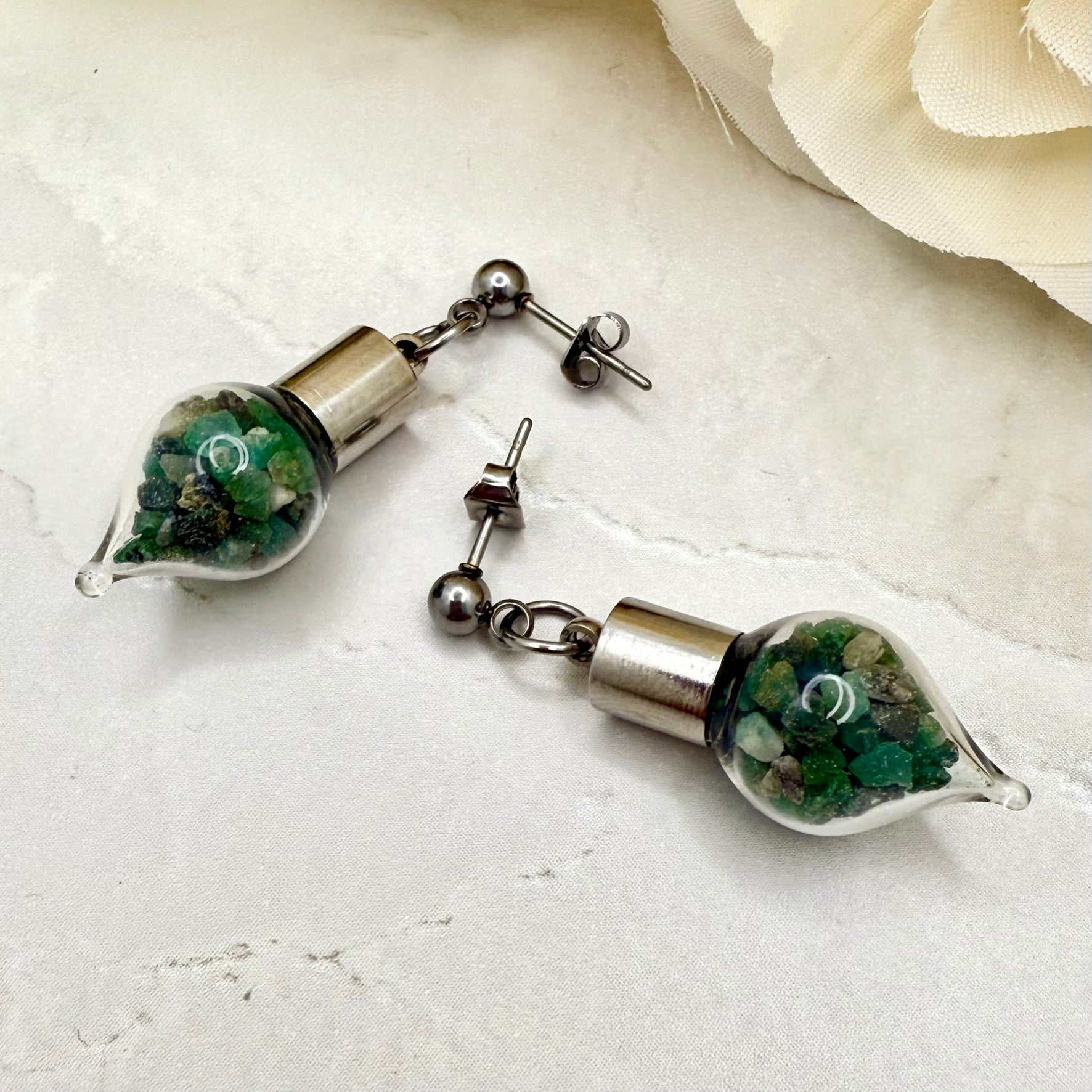 Luxury 55th Anniversary Stud Drop Earrings – Glass Drops with Natural Raw Emerald Fragments | Elegant Emerald Gift for Her-Pendant & Earrings-Handmadeanniversary-Handmade Anniversary