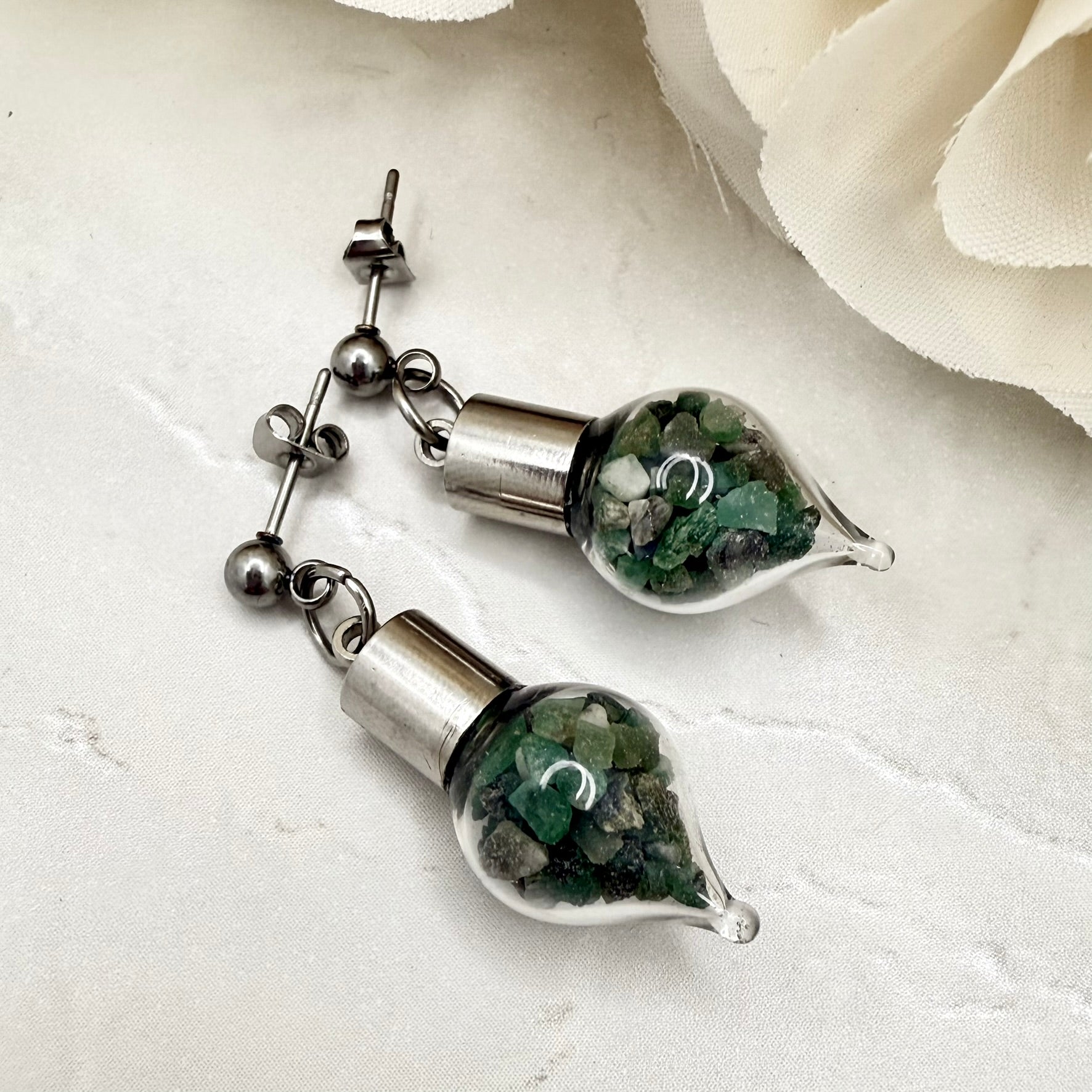 Luxury 55th Anniversary Stud Drop Earrings – Glass Drops with Natural Raw Emerald Fragments | Elegant Emerald Gift for Her-Pendant & Earrings-Handmadeanniversary-Handmade Anniversary