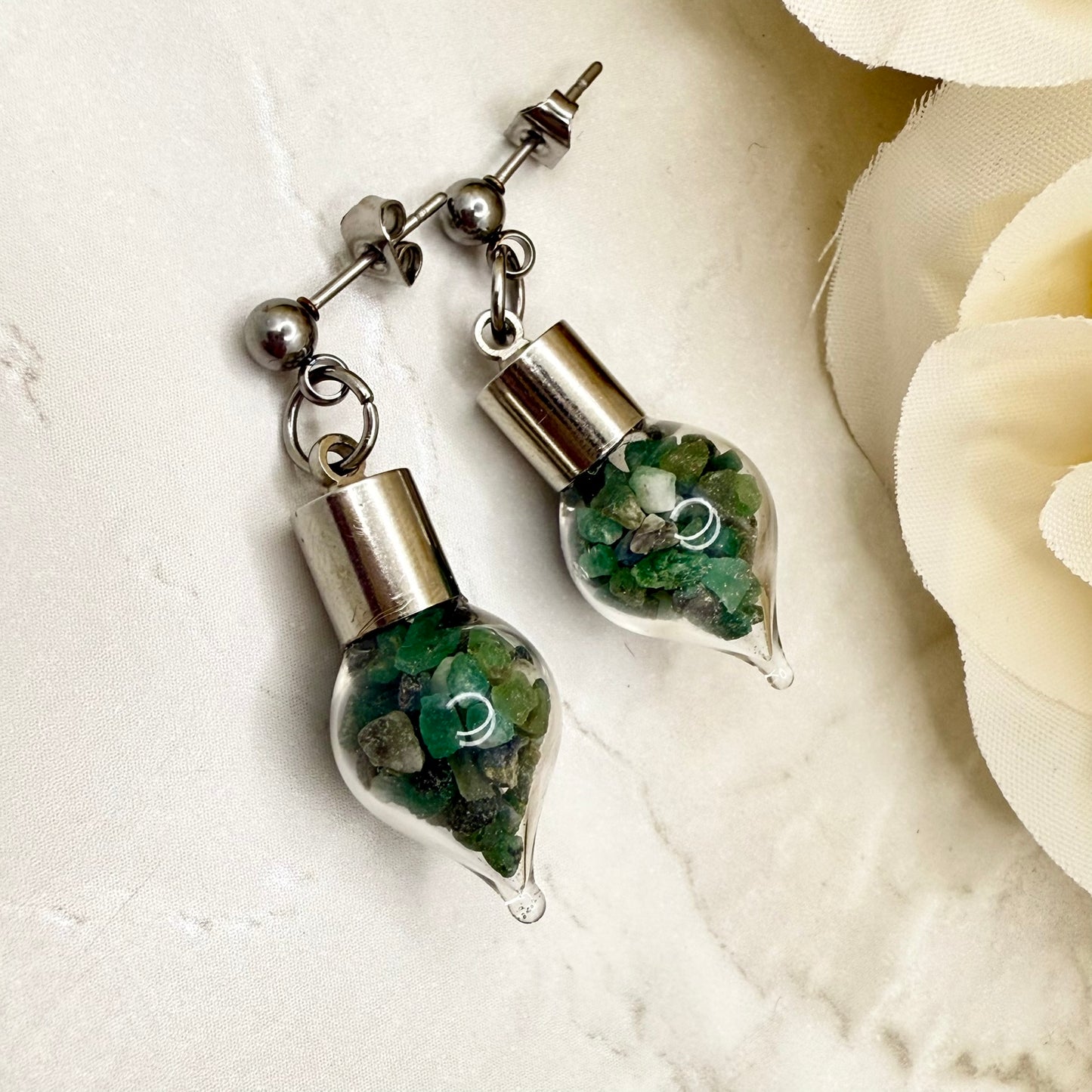 Luxury 55th Anniversary Stud Drop Earrings – Glass Drops with Natural Raw Emerald Fragments | Elegant Emerald Gift for Her-Pendant & Earrings-Handmadeanniversary-Earrings Only-Handmade Anniversary