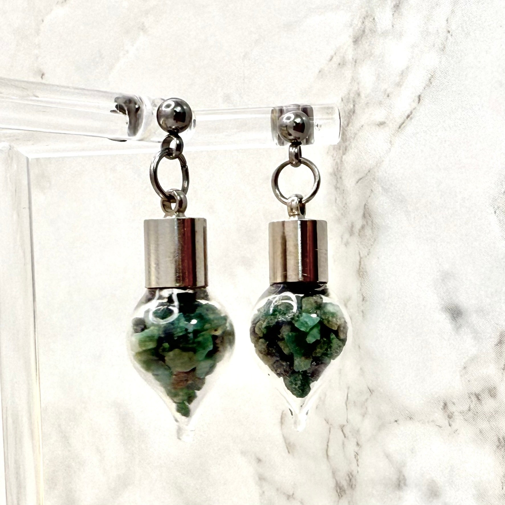 Luxury 55th Anniversary Stud Drop Earrings – Glass Drops with Natural Raw Emerald Fragments | Elegant Emerald Gift for Her-Pendant & Earrings-Handmadeanniversary-Handmade Anniversary