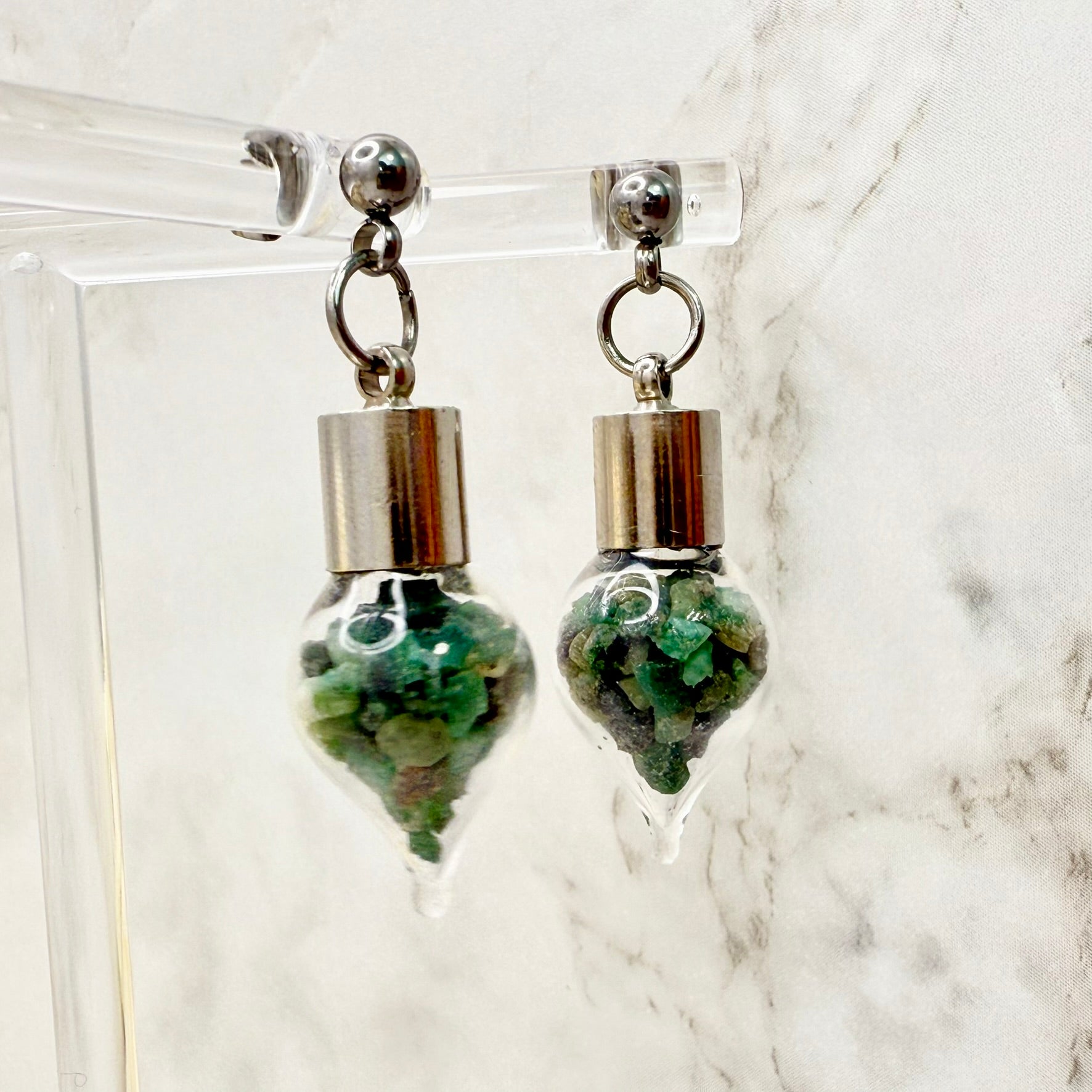 Luxury 55th Anniversary Stud Drop Earrings – Glass Drops with Natural Raw Emerald Fragments | Elegant Emerald Gift for Her-Pendant & Earrings-Handmadeanniversary-Handmade Anniversary