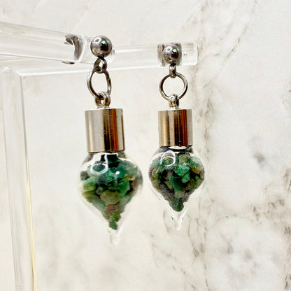 Luxury 55th Anniversary Stud Drop Earrings – Glass Drops with Natural Raw Emerald Fragments | Elegant Emerald Gift for Her-Pendant & Earrings-Handmadeanniversary-Handmade Anniversary