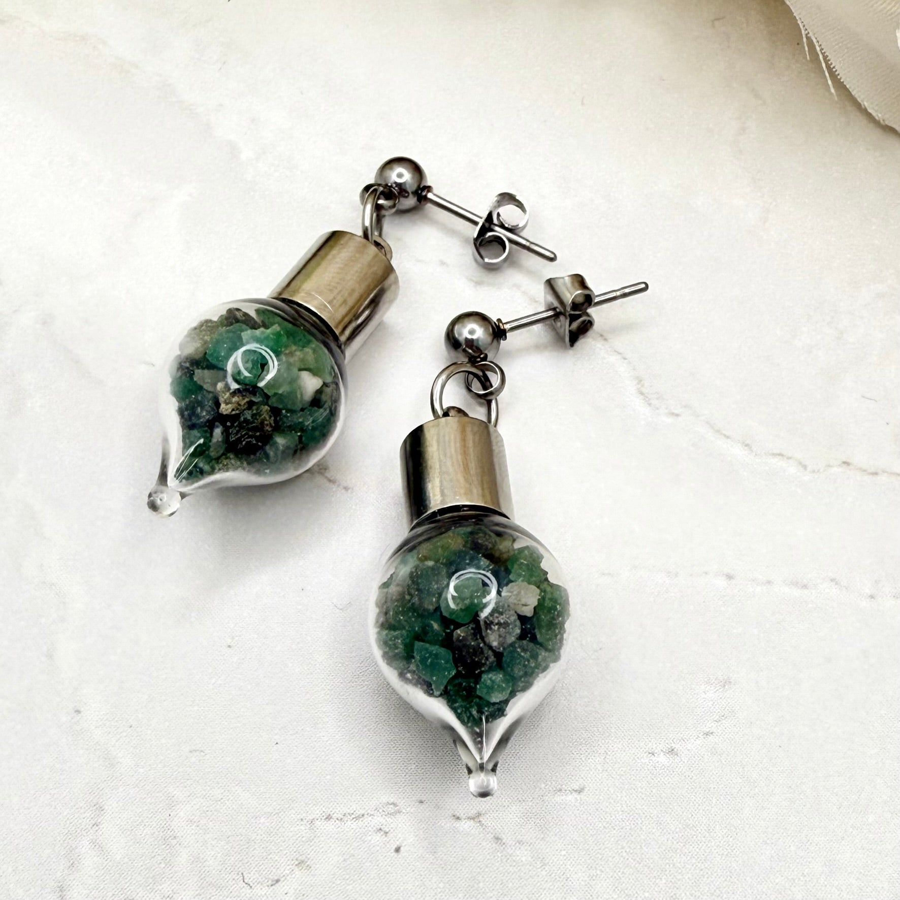 Luxury 55th Anniversary Stud Drop Earrings – Glass Drops with Natural Raw Emerald Fragments | Elegant Emerald Gift for Her-Pendant & Earrings-Handmadeanniversary-Handmade Anniversary