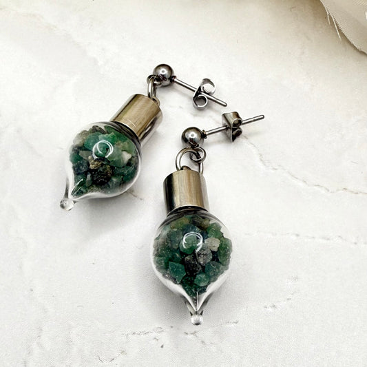 Luxury 55th Anniversary Stud Drop Earrings – Glass Drops with Natural Raw Emerald Fragments | Elegant Emerald Gift for Her-Pendant & Earrings-Handmadeanniversary-Handmade Anniversary