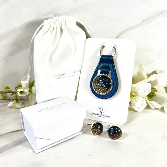 Noir Sparkle Cufflinks & Leather Key Fob Gift Set Handmade-Keyring-Handmadeanniversary-Handmade Anniversary