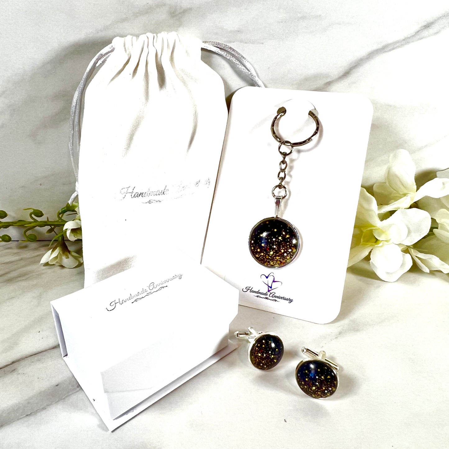 Noir Sparkle Cufflinks and Keyring Gift Set Handmade-Keyring-Handmadeanniversary-Handmade Anniversary