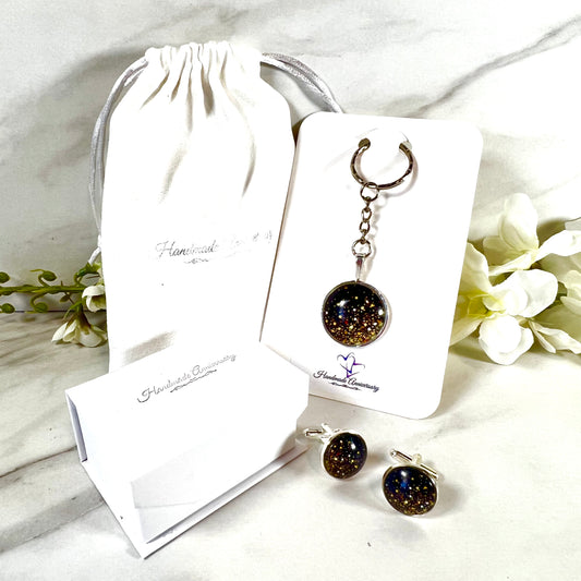 Noir Sparkle Cufflinks and Keyring Gift Set Handmade-Keyring-Handmadeanniversary-Handmade Anniversary