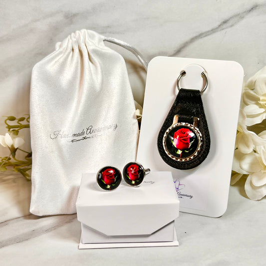 Rose Cufflinks & Leather Key Fob Gift Set Handmade-Keyring-Handmadeanniversary-Handmade Anniversary