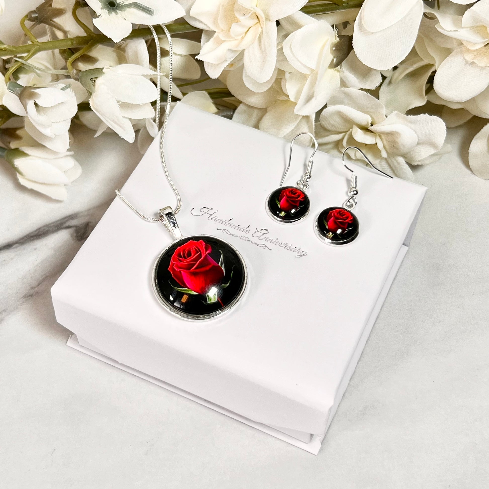 Rose Pendant & Drop Earrings Jewellery Set Handmade-Pendant & Earrings-Handmadeanniversary-Handmade Anniversary