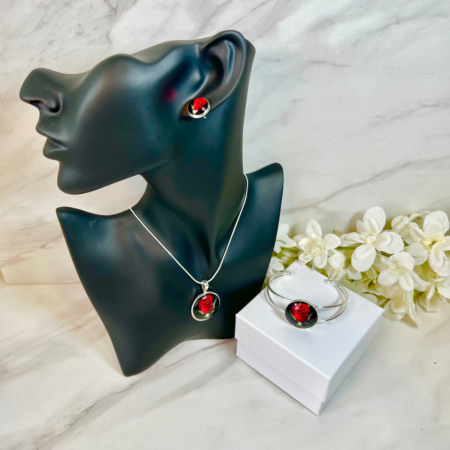 Rose Pendant, Stud Earrings & Bangle Gift Set Handmade-Bangle-Handmadeanniversary-Handmade Anniversary