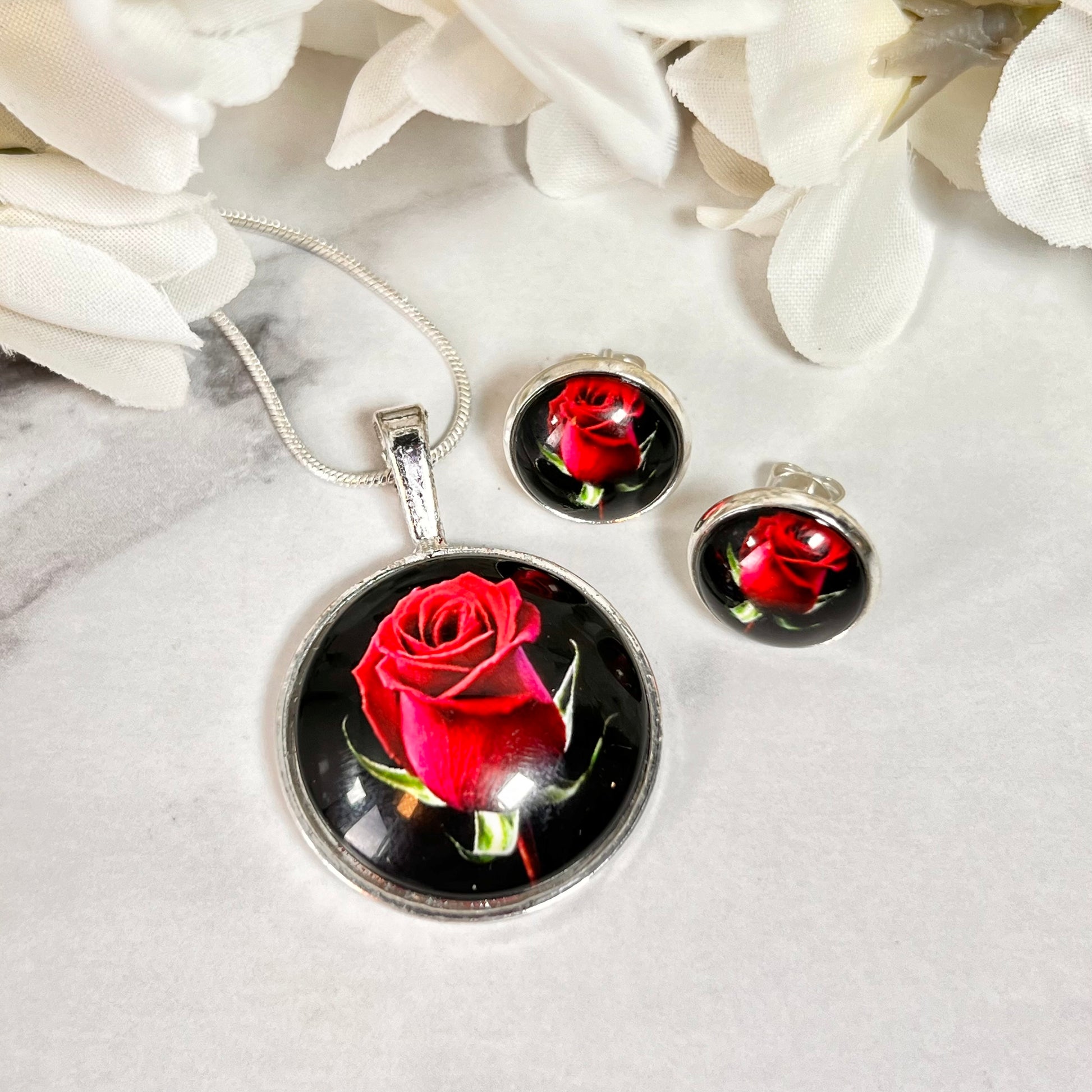Rose Pendant & Stud Earrings Jewellery Set Handmade-Pendant & Earrings-Handmadeanniversary-Handmade Anniversary