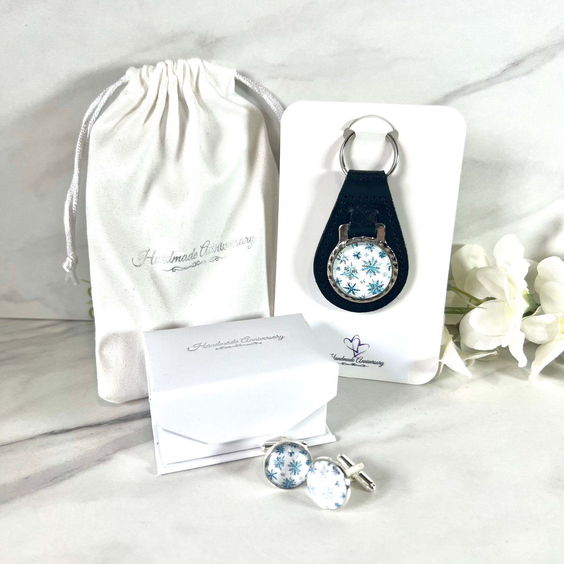 Snowflake Cufflinks & Leather Key Fob Gift Set Handmade-Keyring-Handmadeanniversary-Handmade Anniversary
