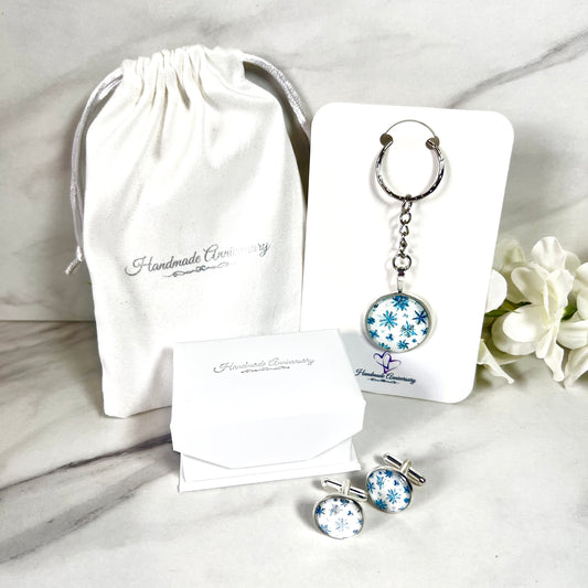 Snowflake Cufflinks and Keyring Gift Set Handmade-Keyring-Handmadeanniversary-Handmade Anniversary