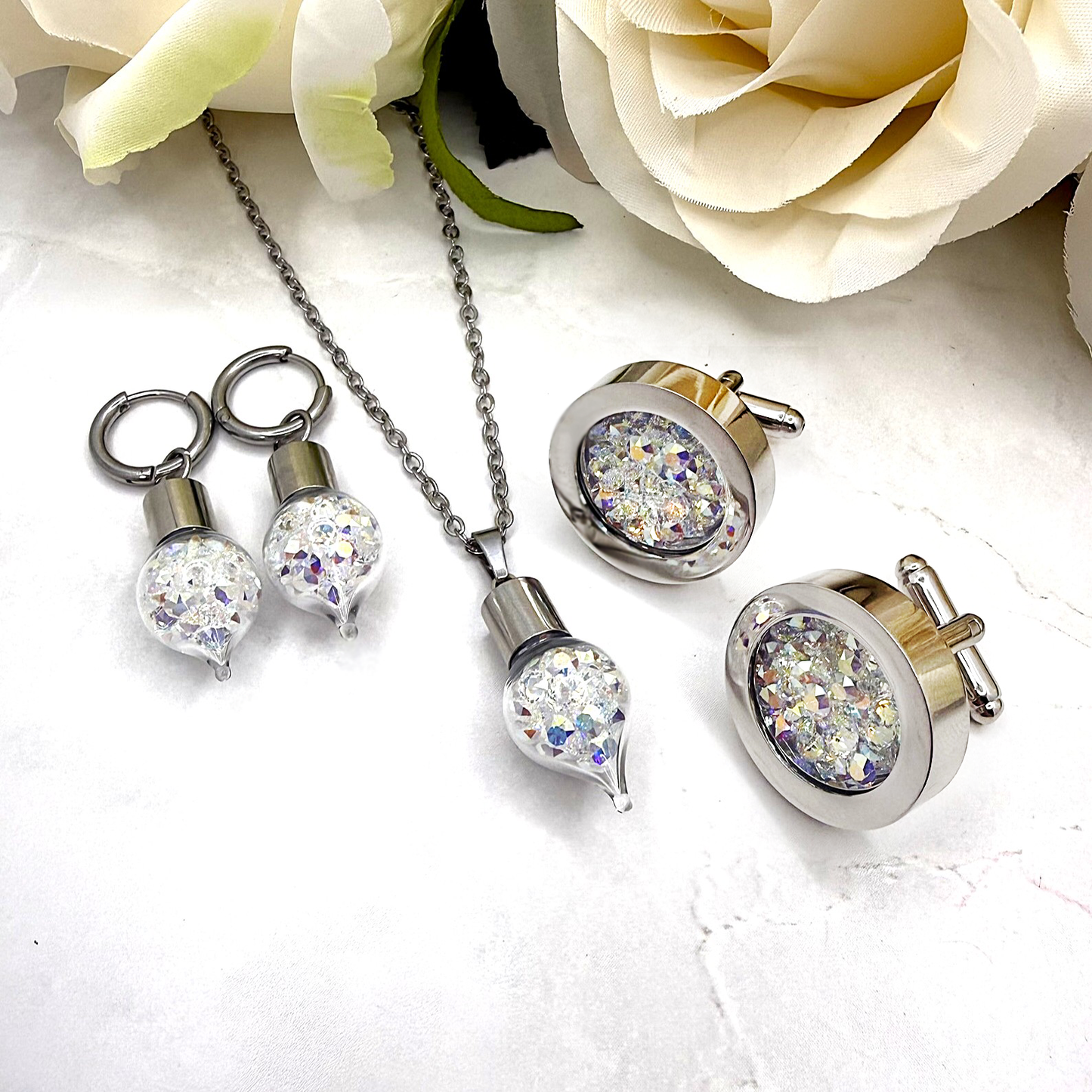 Luxury Wedding Jewellery Set for Bride & Groom – Primero Crystal Pendant, Earrings & Matching Cufflinks - Choice of Colour