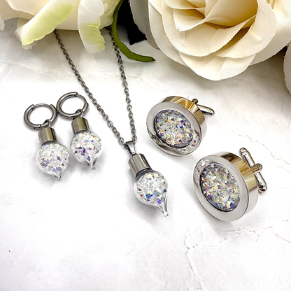 Luxury Wedding Jewellery Set for Bride & Groom – Primero Crystal Pendant, Earrings & Matching Cufflinks - Choice of Colour
