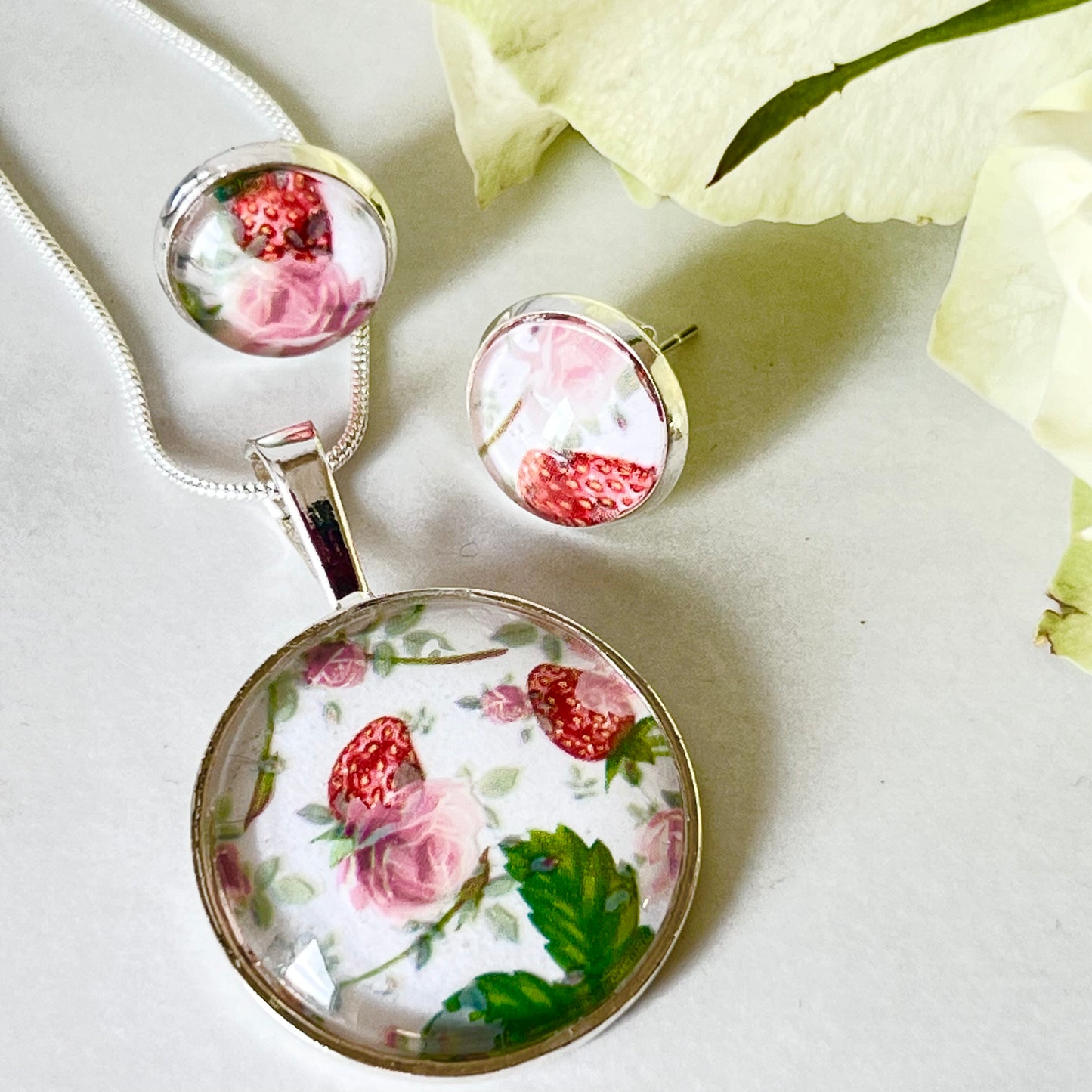 Fruit & Flower 4th Anniversary Pendant & Earrings Jewellery Set Handmade-Pendant & Earrings-Handmadeanniversary-Handmade Anniversary