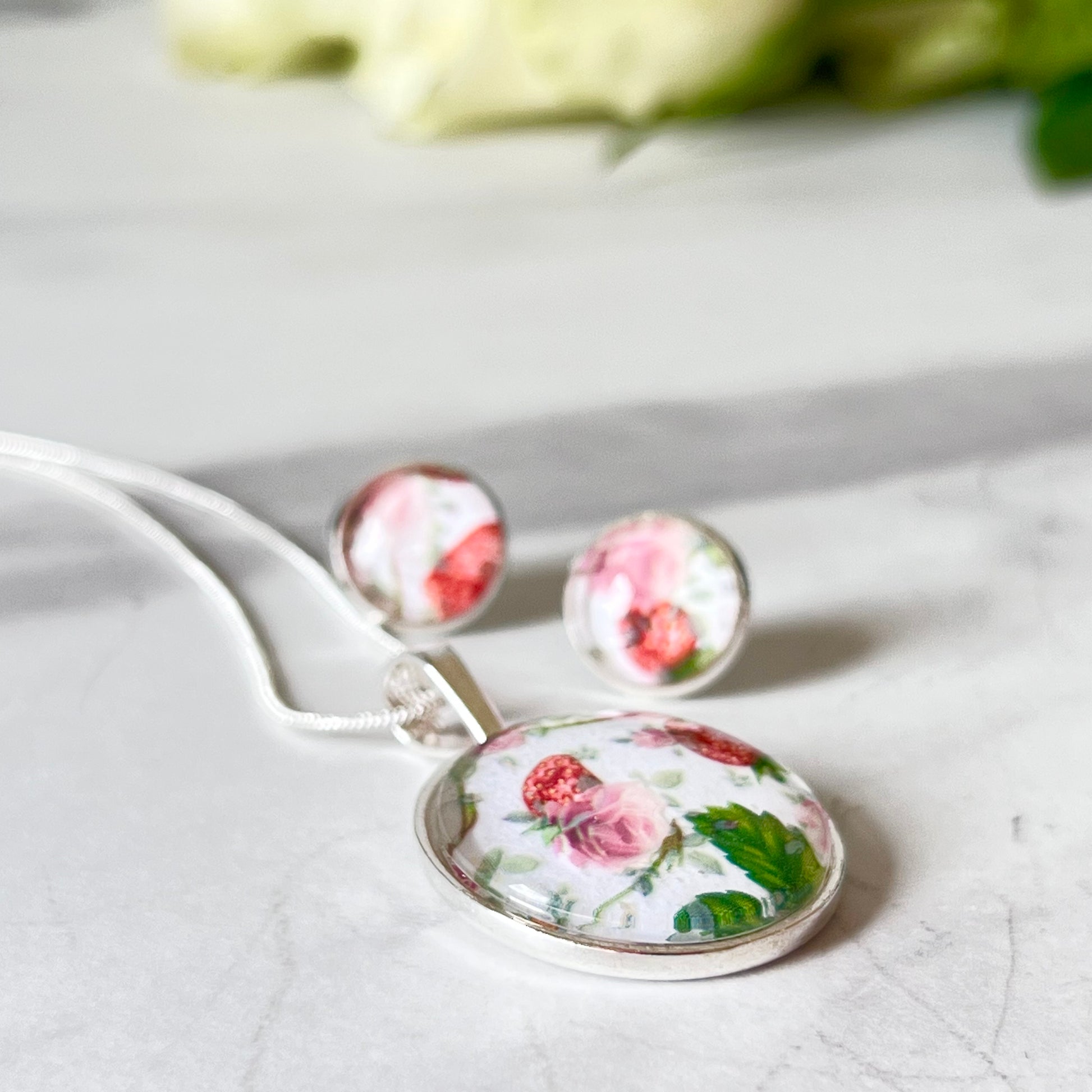 Fruit & Flower 4th Anniversary Pendant & Earrings Jewellery Set Handmade-Pendant & Earrings-Handmadeanniversary-Handmade Anniversary