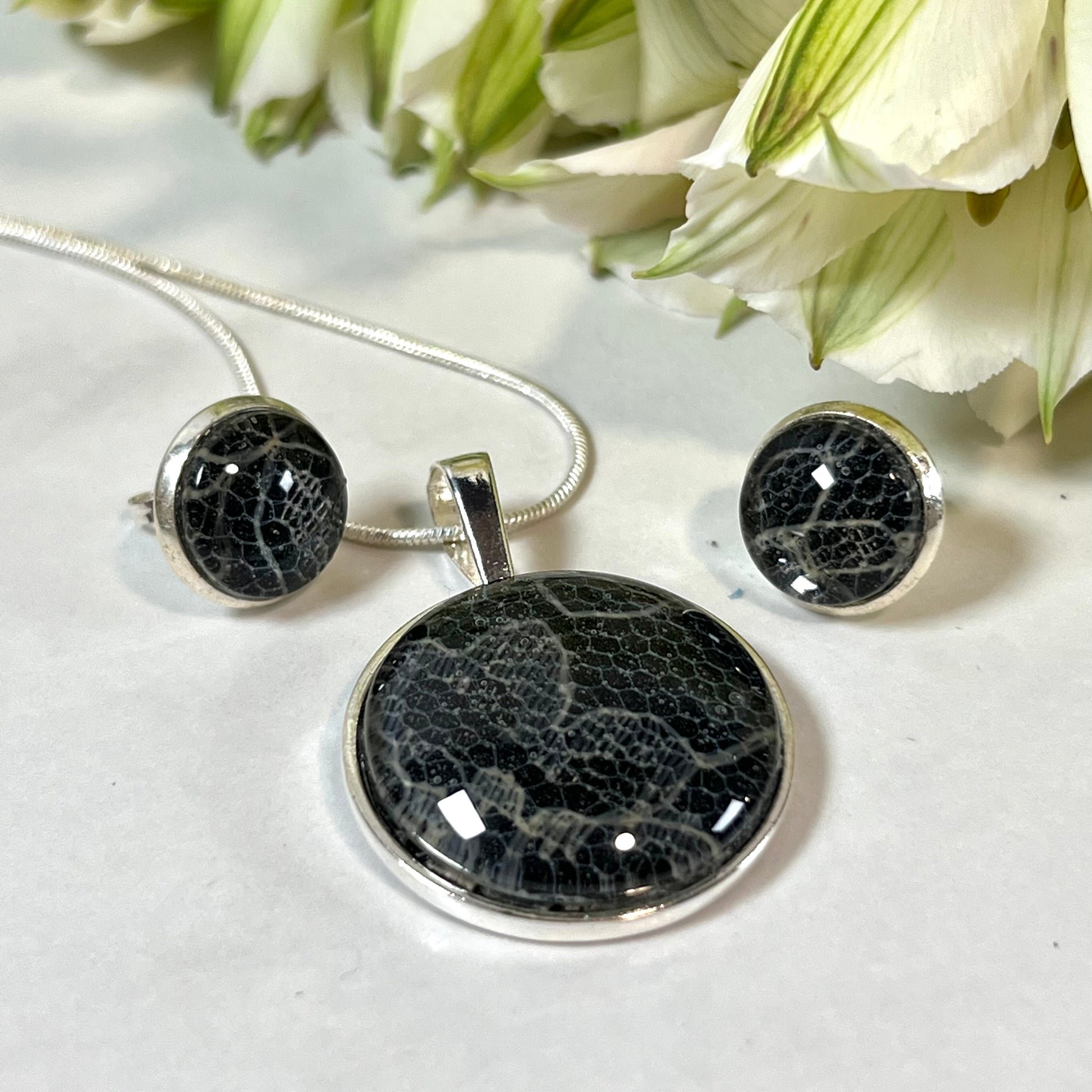 Lace 13th Anniversary Pendant & Earrings Jewellery Set Handmade-Pendant & Earrings-Handmadeanniversary-Stud Earring-Handmade Anniversary