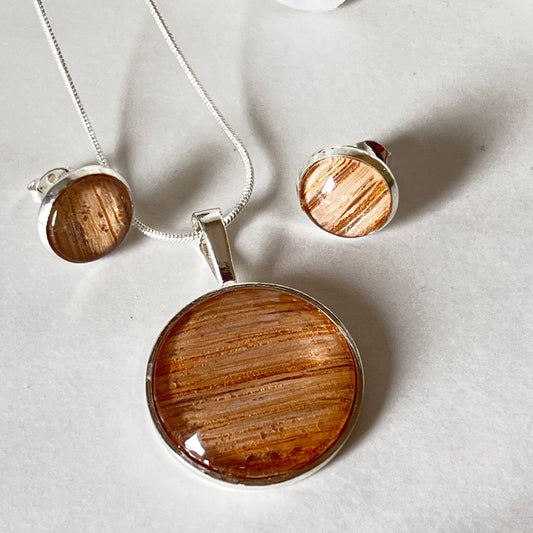 Wood 5th Anniversary Pendant & Earrings Jewellery Set Handmade