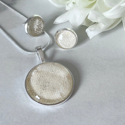 Linen 8th Anniversary Pendant & Earrings Jewellery Set Handmade