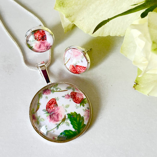 Fruit & Flower 4th Anniversary Pendant & Earrings Jewellery Set Handmade